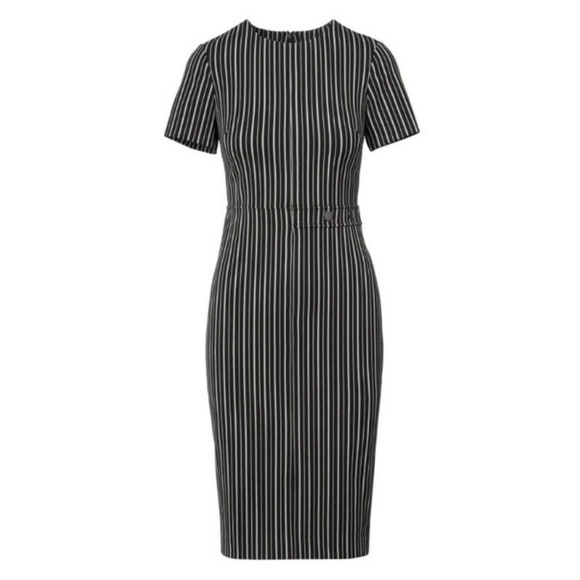 Banana Republic Black Grey Striped  Pinstriped Fitted Midi Shift Dress 4 Tall - Picture 3 of 15